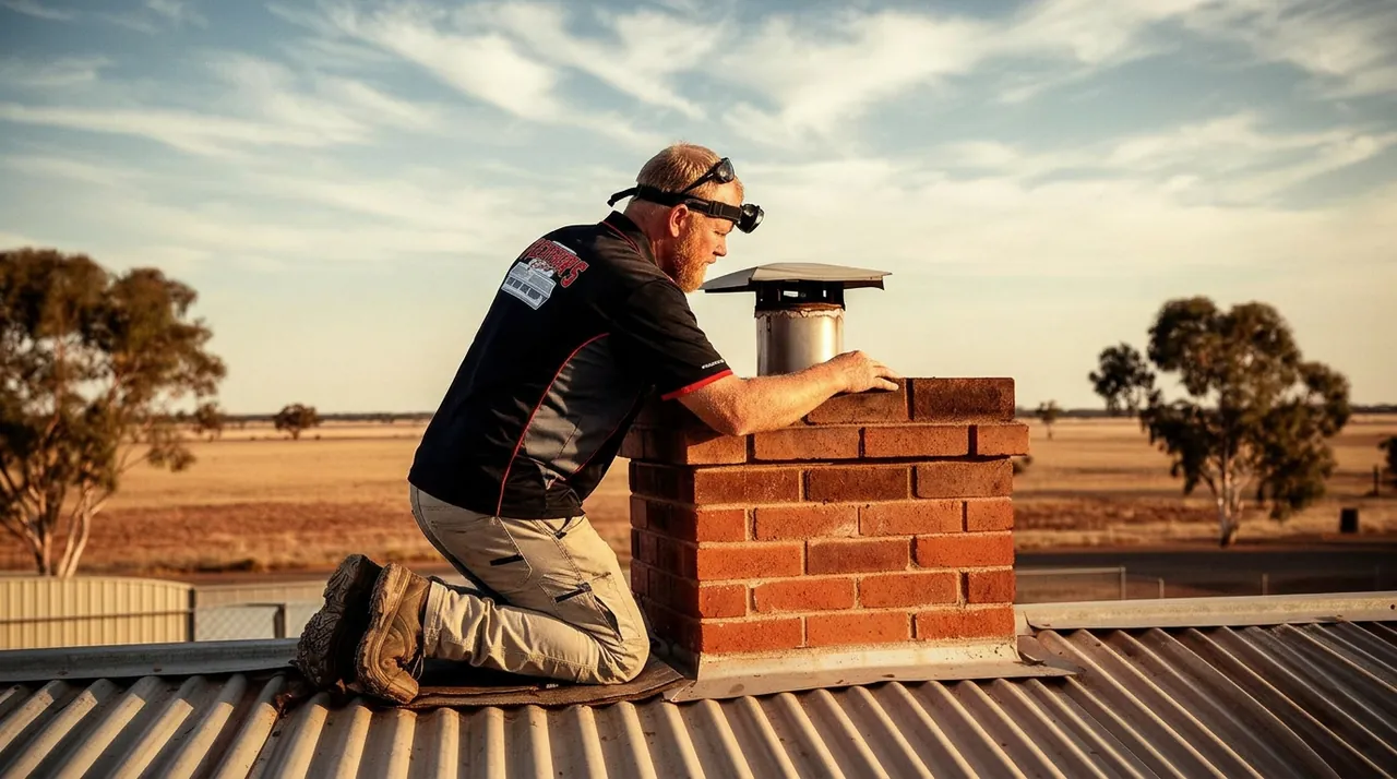 Wayne Fletcher inspecting a chimney flue on a Mildura rooftop